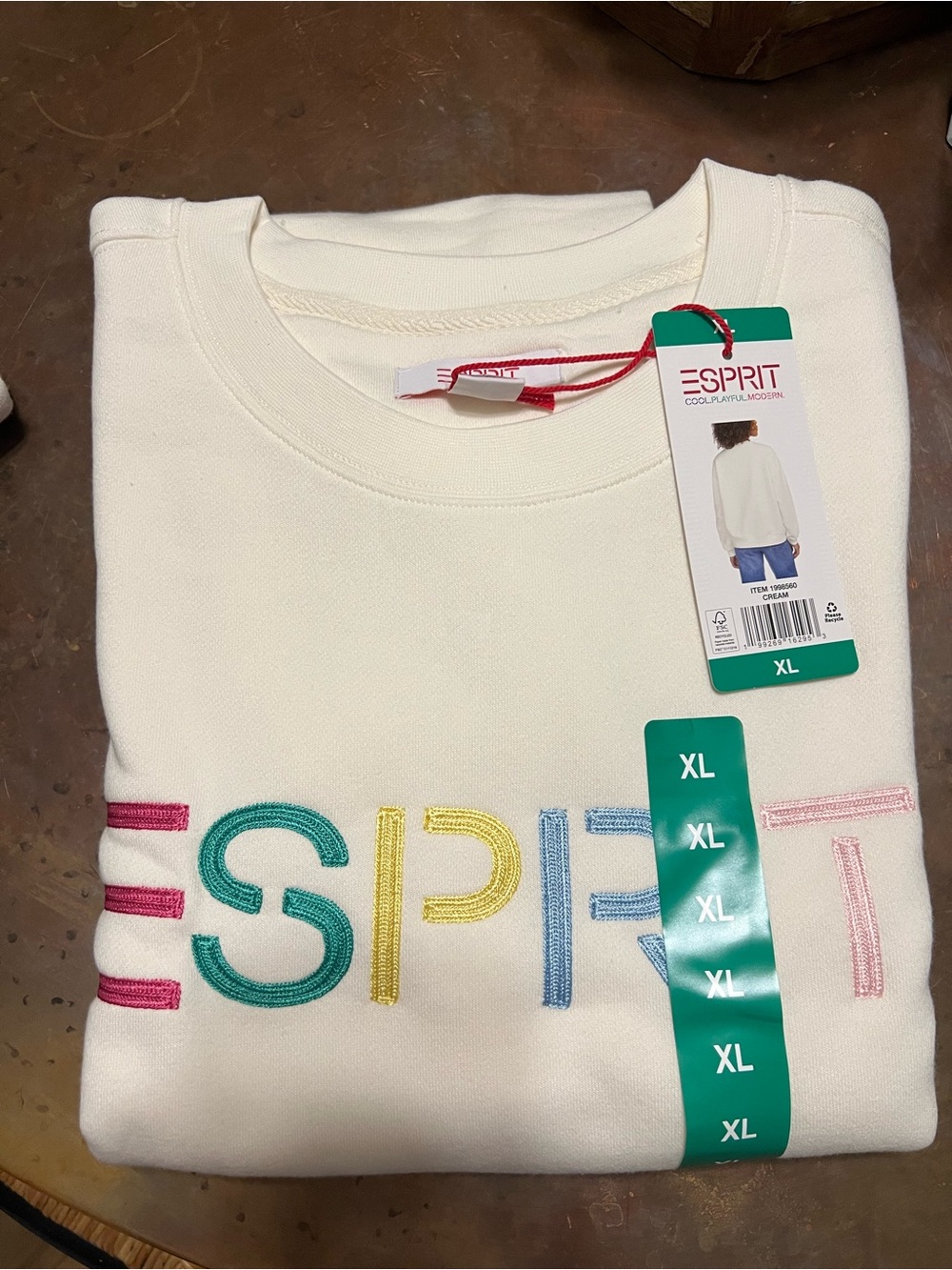 Esprit Cream Sweatshirt with Multicolor Embroidered Logo
